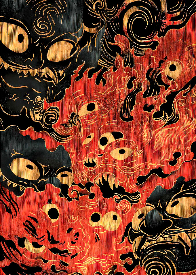 Japanese Demon Mask and Fire Illustration