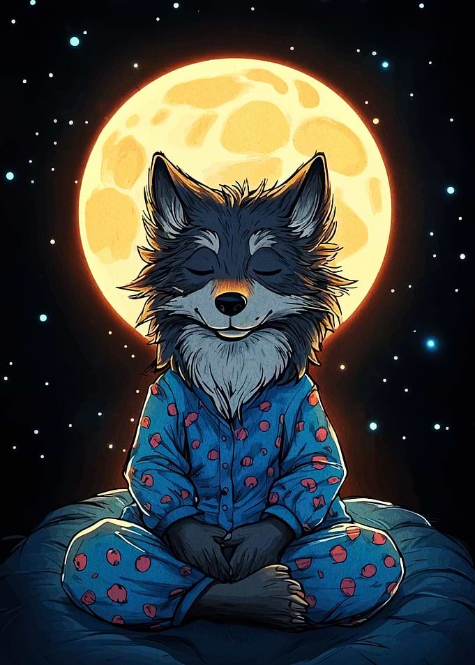Meditating Wolf in Pajamas Under Moon