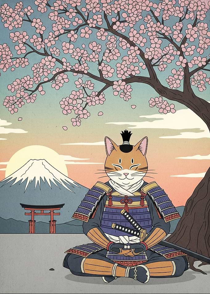 Samurai Cat Cherry Blossom Tree