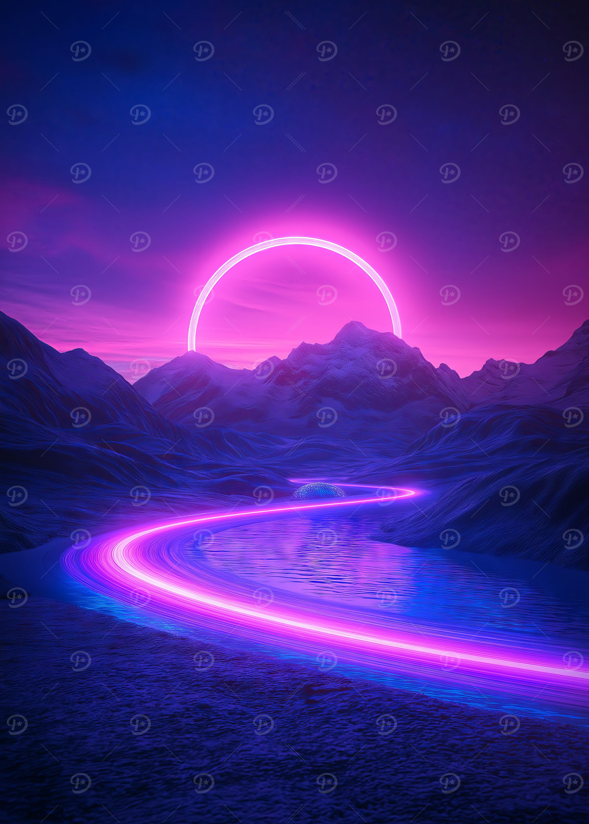 A glowing neon road leading to a cosmic ring