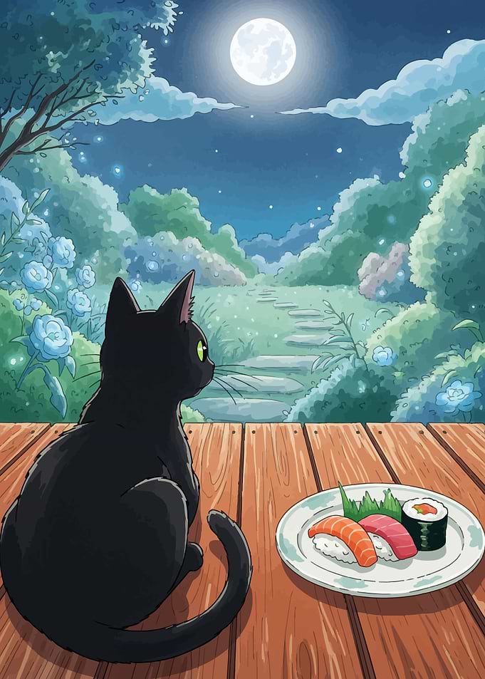 Black Cat Gazing at Moon with Sushi