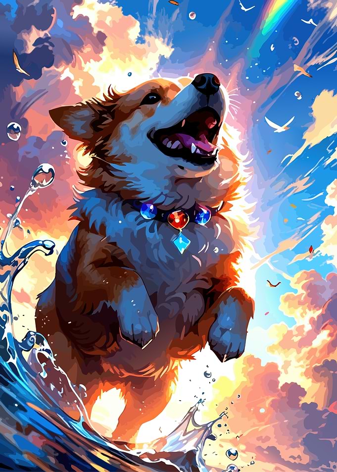 Joyful Corgi in Water with Rainbow