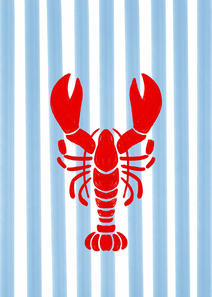 Red Lobster on Blue Striped Background