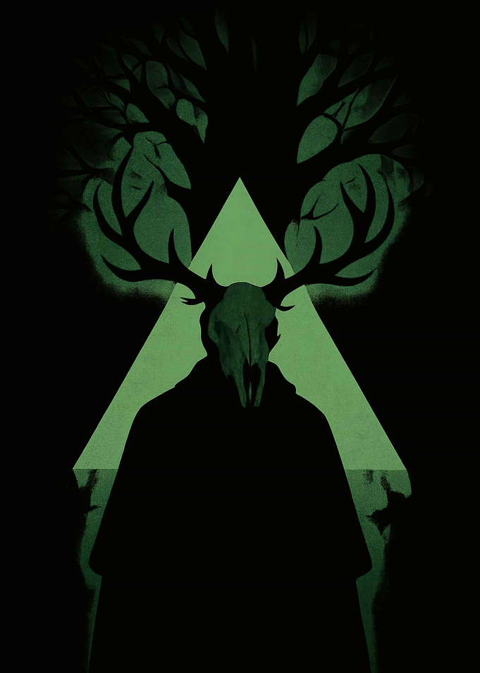 Mystic Figure with Deer Skull and Tree