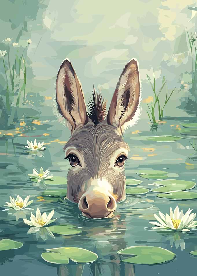 Donkey in Water with Lily Pads