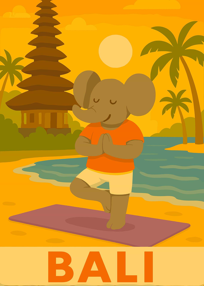 Elephant Yoga in Bali Cartoon