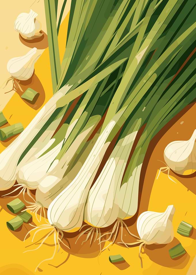 Fresh Green Onions and Garlic Still Life
