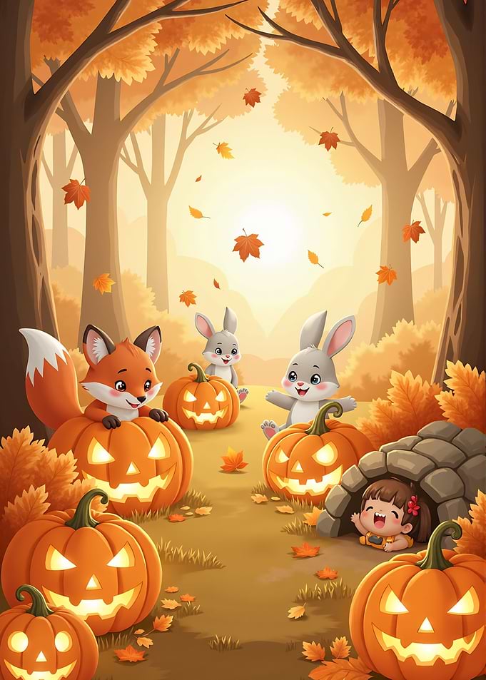Halloween Cartoon with Animals and Pumpkins