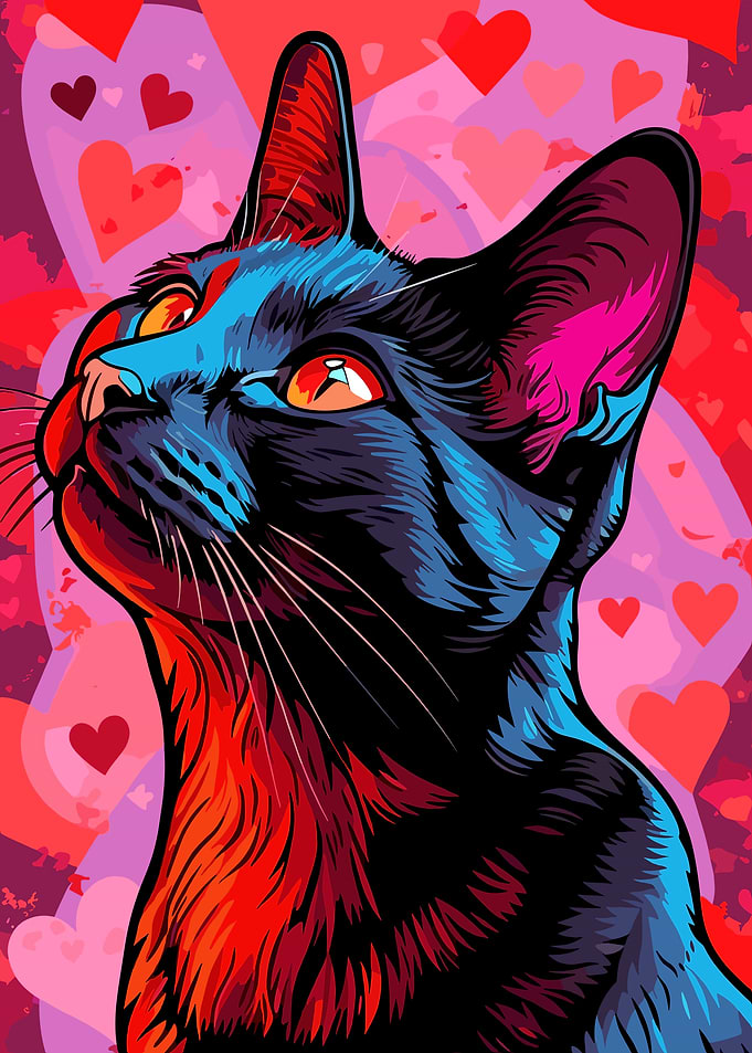 Stylized Cat Portrait with Hearts Background