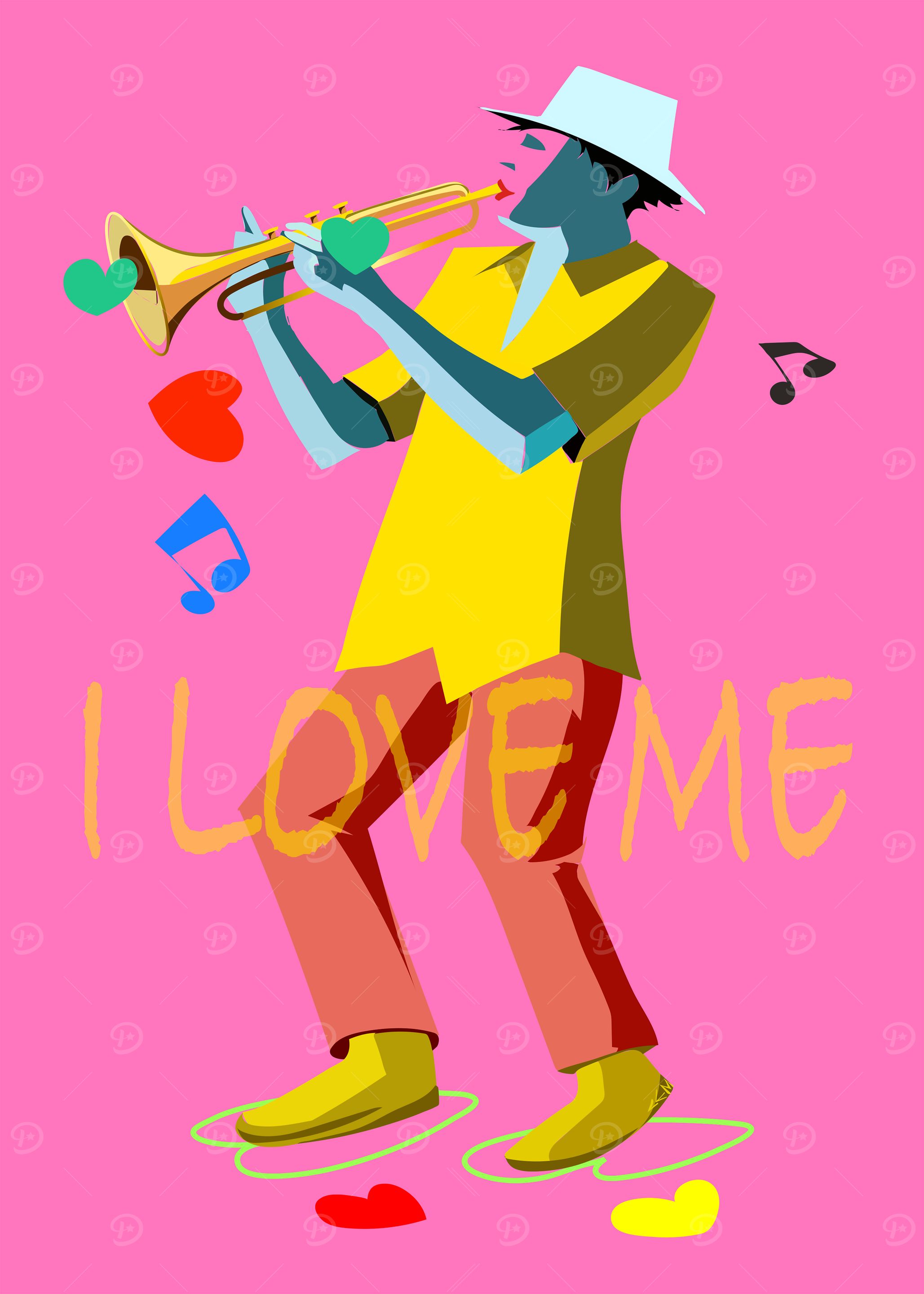 Trumpet Player with Hearts and Text