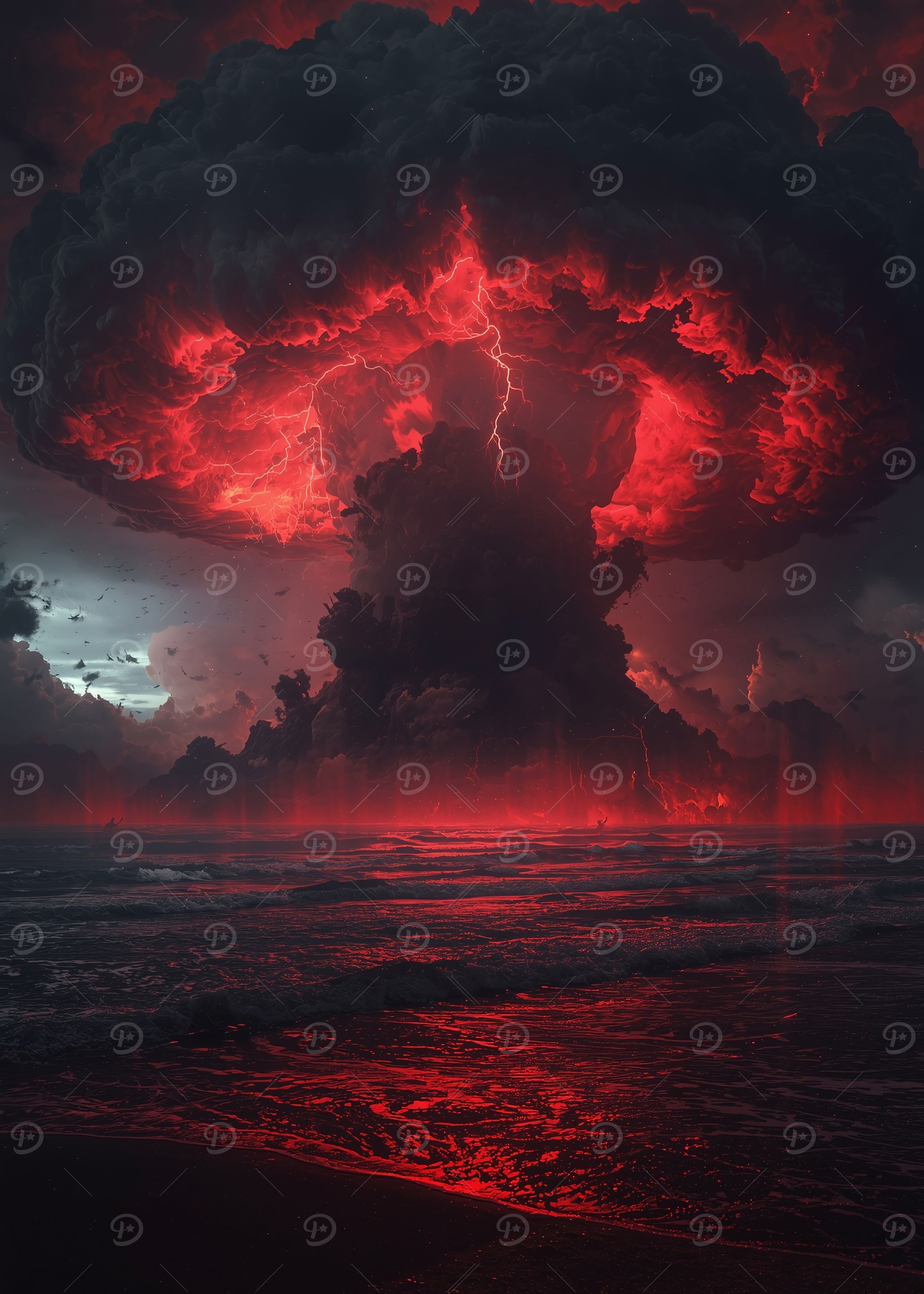 Apocalyptic Red Storm Over the Ocean