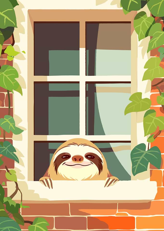 Smiling Sloth in Window with Vines