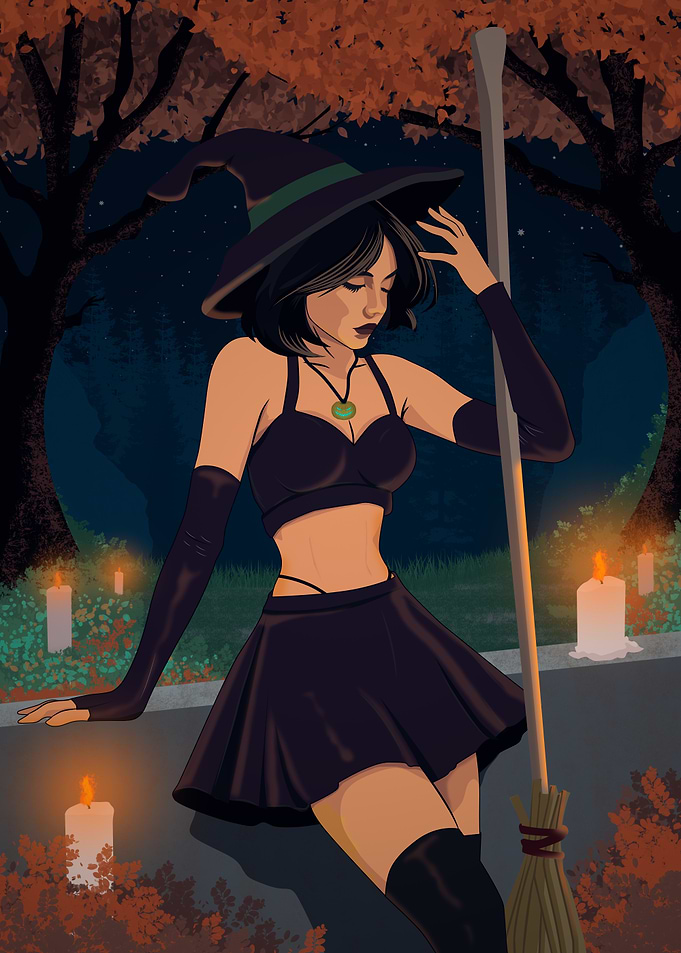 Modern Witch with Broom and Candles