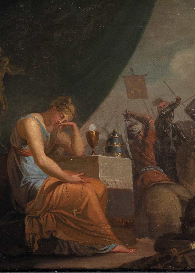 Woman Resting Amidst Battle Scene Painting