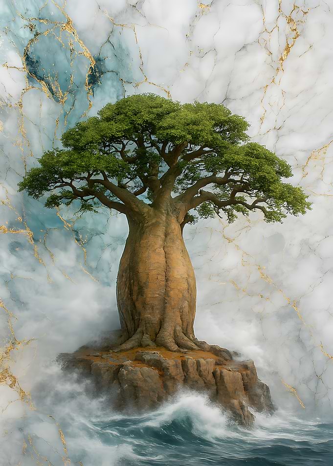Baobab Tree on Island, Marble Sky