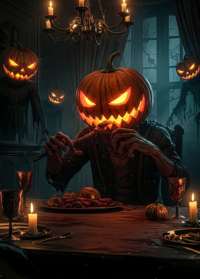 Halloween Feast with Pumpkin-Headed Figures