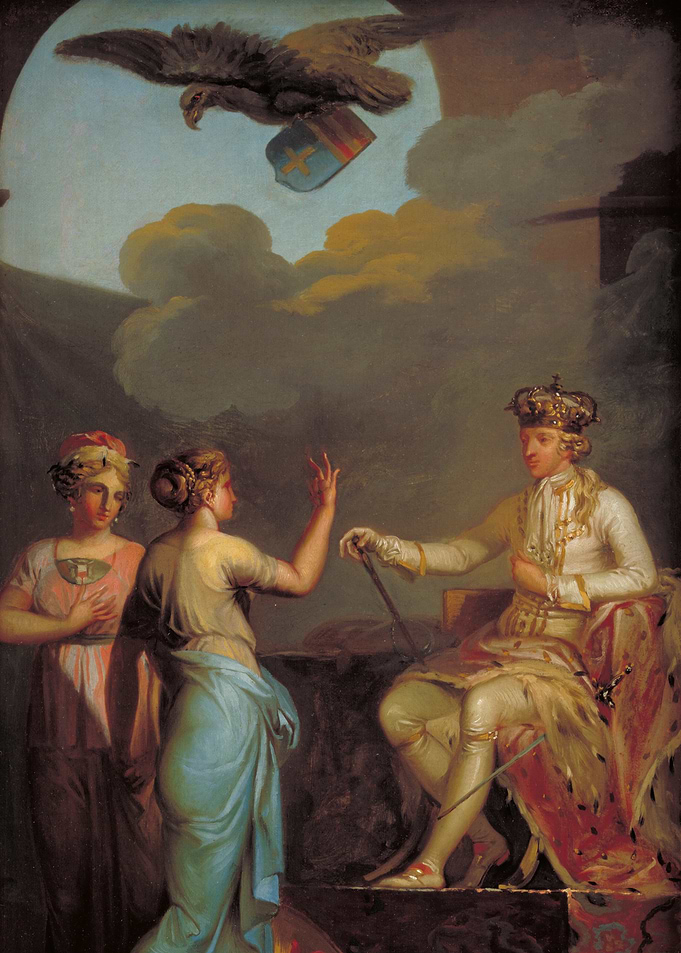 King with Two Women and Eagle Painting