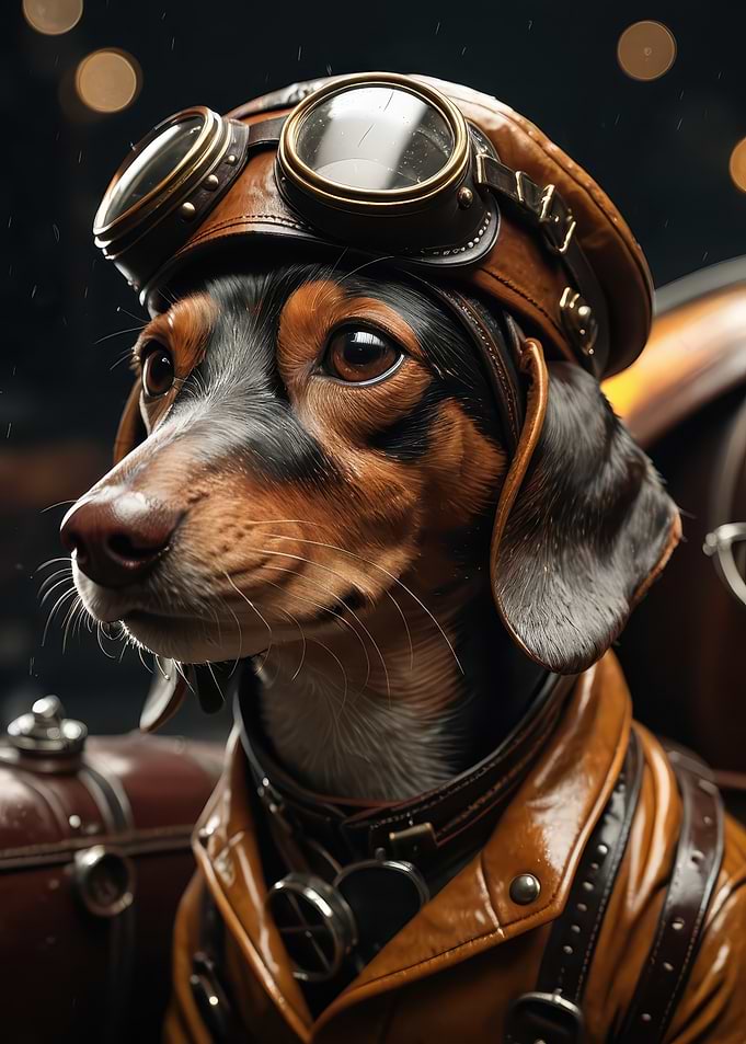 Realistic Dachshund Aviator Portrait — Vintage Leather Goggles & Jacket