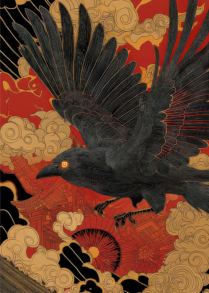 Japanese Crow Art with Temple