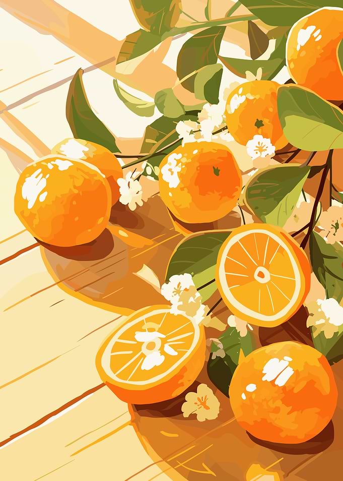 Oranges and blossoms on wooden table