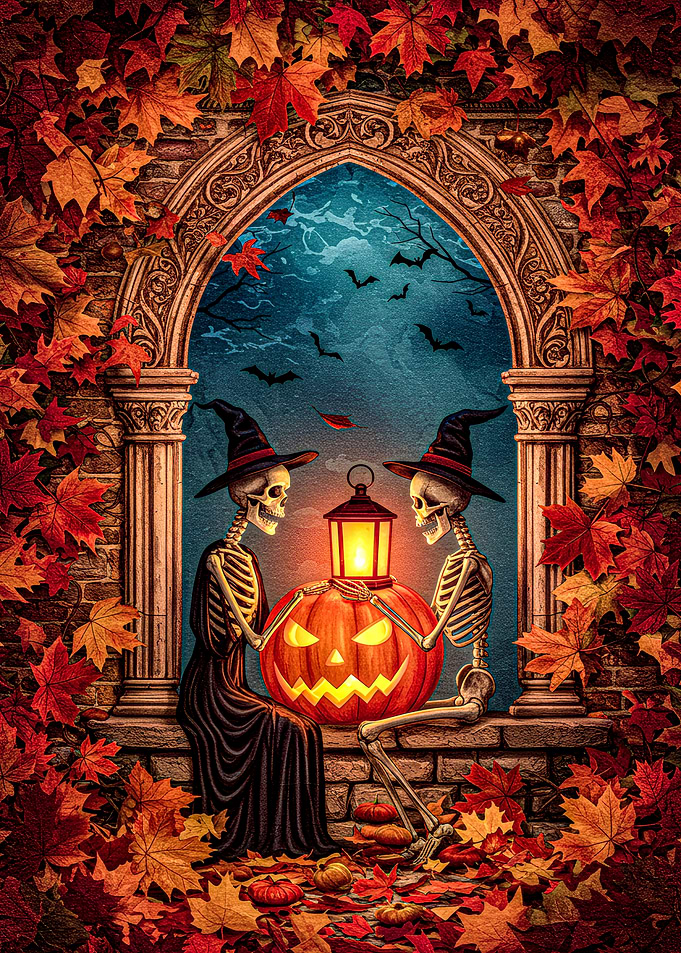 Halloween Skeletons with Pumpkin and Lantern