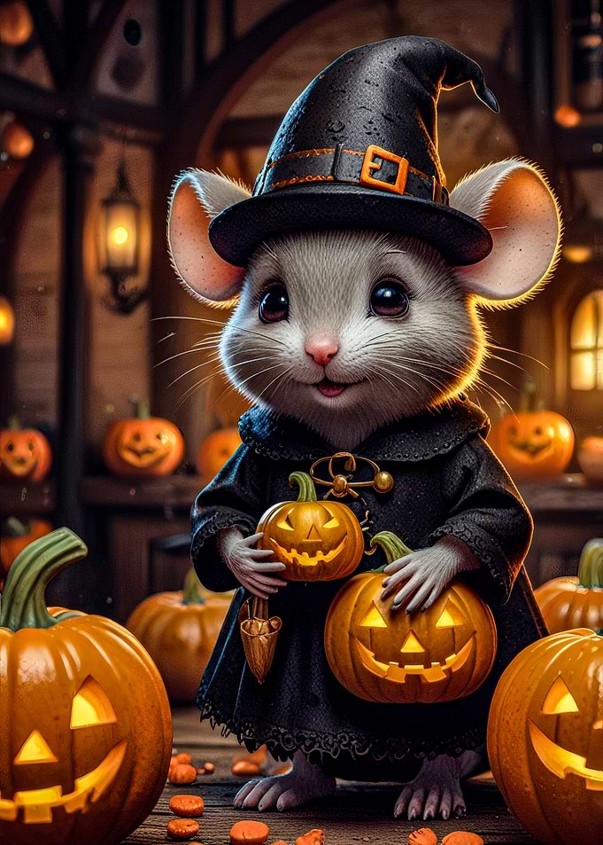 Halloween Mouse Witch with Pumpkins