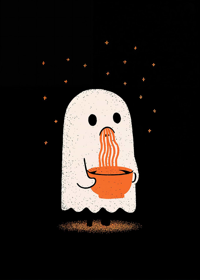 Ghost eating noodles from a cup