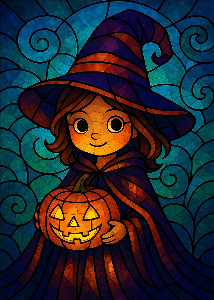 Stained Glass Halloween Witch with Pumpkin