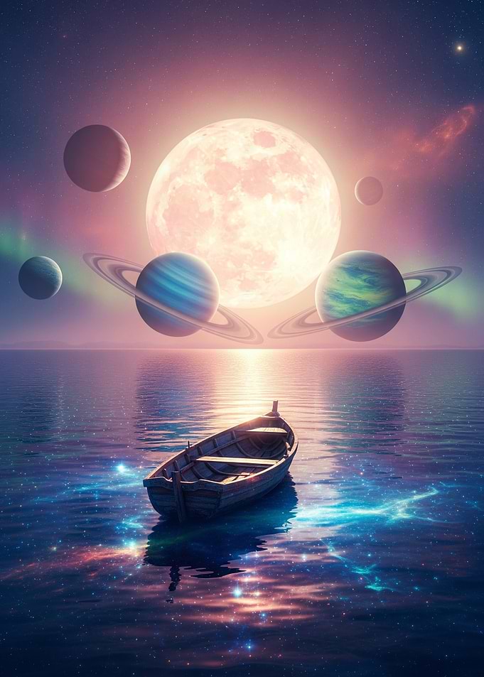 Boat on Cosmic Ocean with Planets