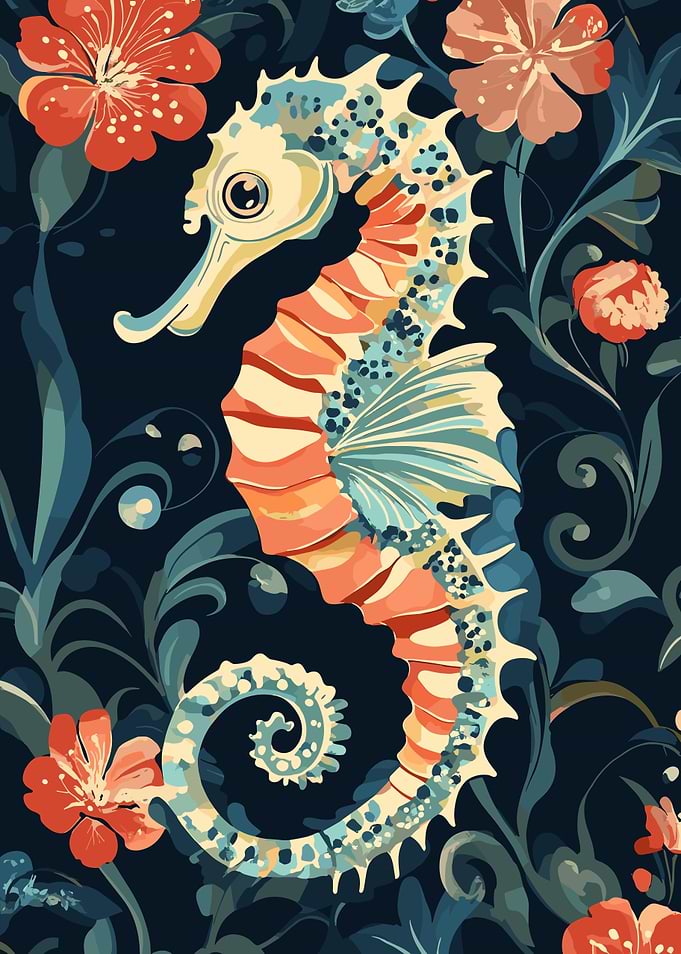 Seahorse and Floral Pattern Illustration