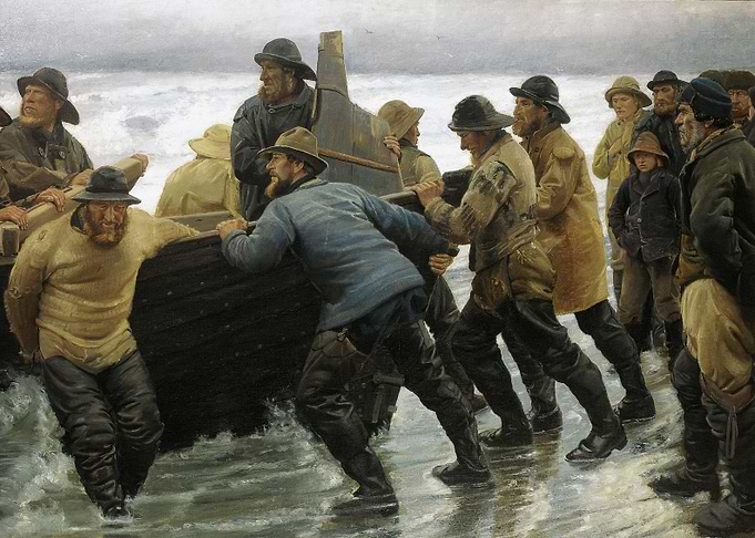 Fishermen Launching Boat into the Sea
