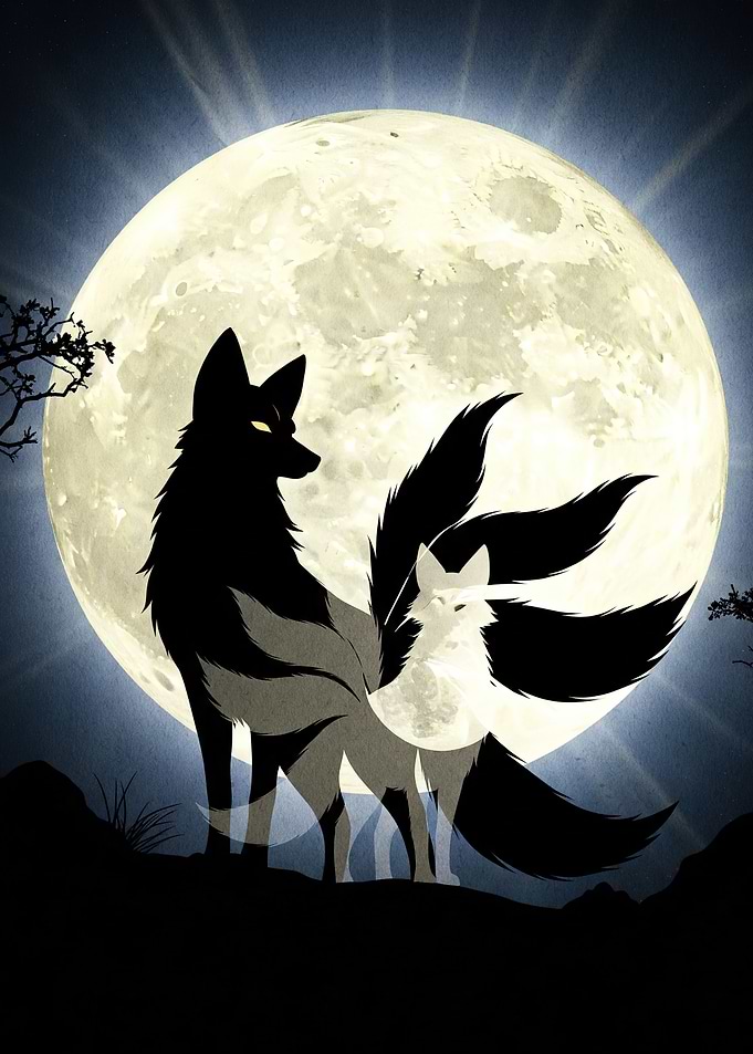Nine-tailed Fox Silhouette Moon