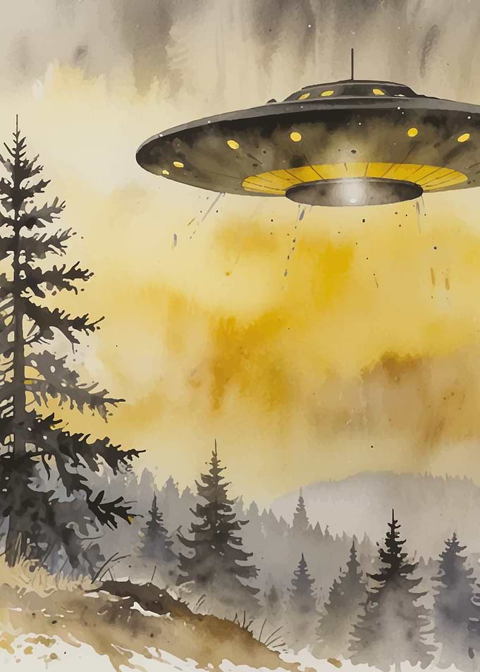 Watercolor UFO over Forest Landscape