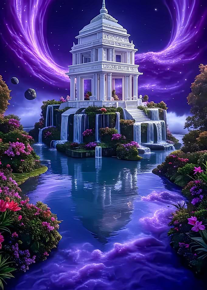 Celestial Temple with Waterfalls and Nebula
