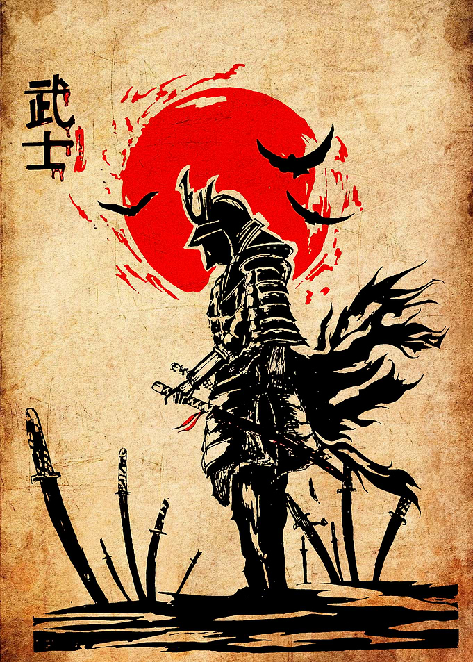 Samurai Warrior with Swords and Red Sun