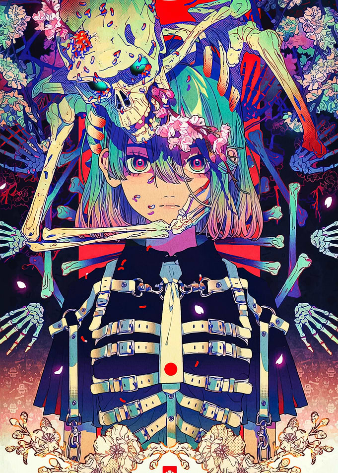Anime Girl with Skeleton and Flowers