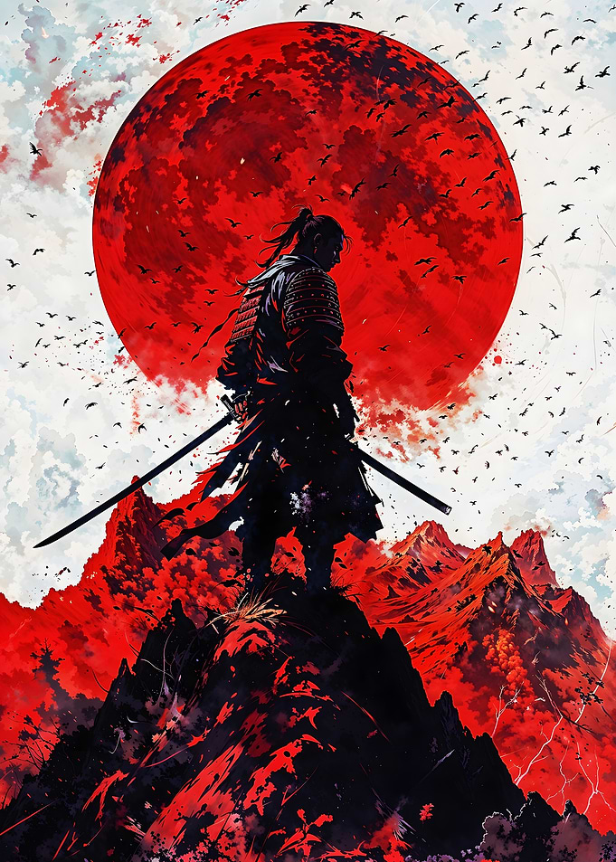 Samurai Silhouette with Red Sun - Dramatic Ronin Warrior