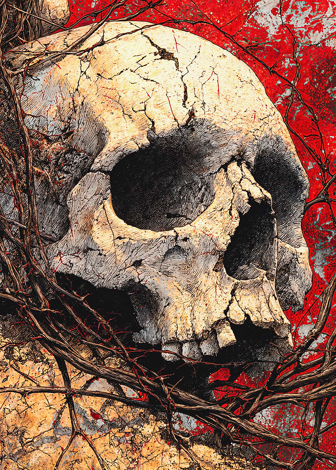 Cracked Skull with Vines on Red