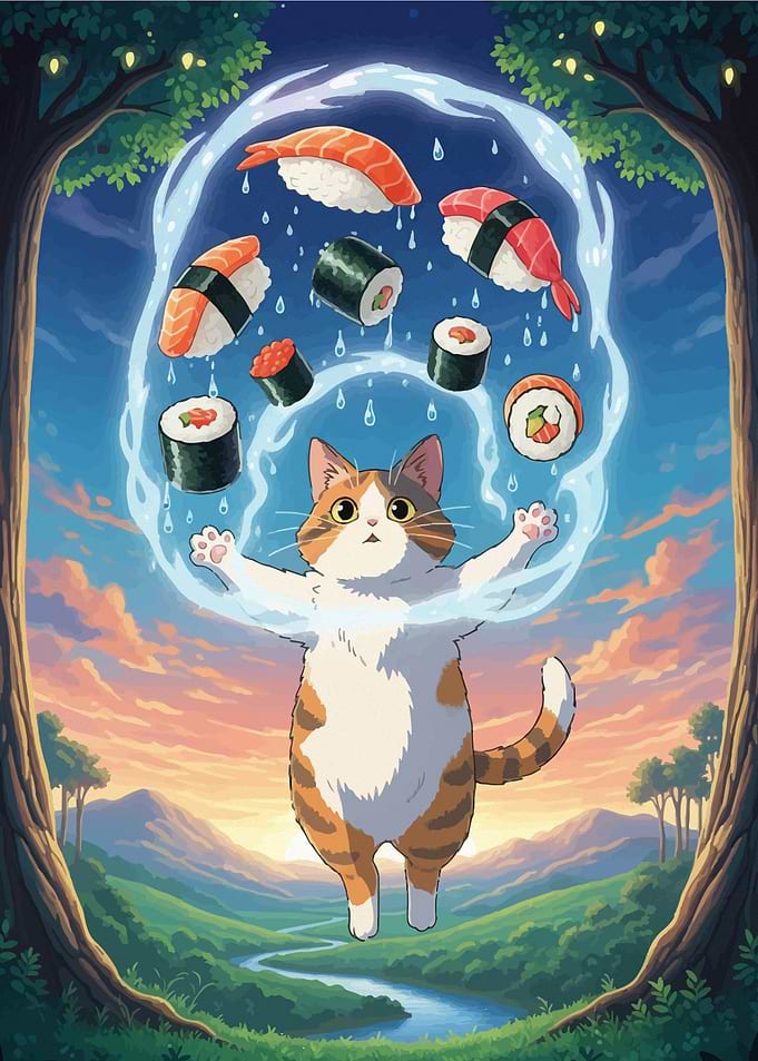Cat with Sushi in Magical Forest