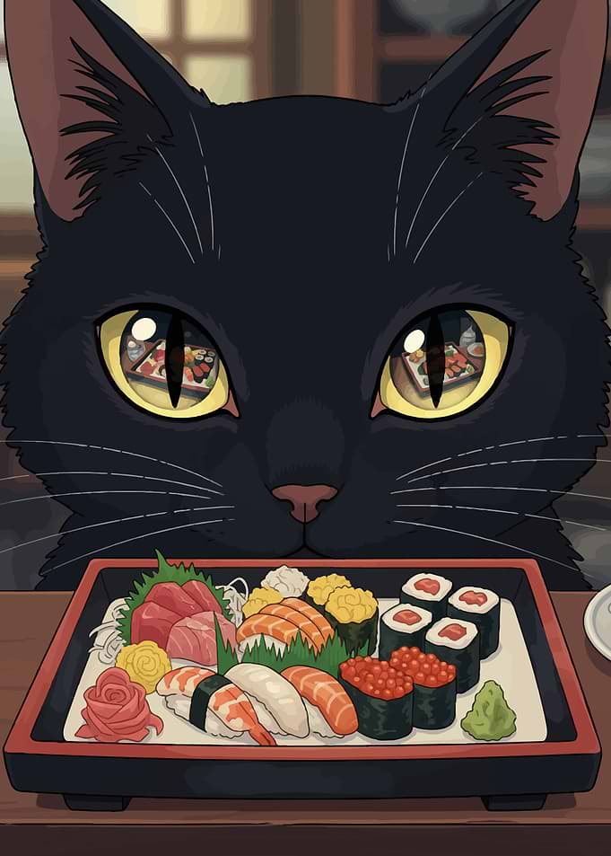 Black Cat Gazing at Sushi Platter