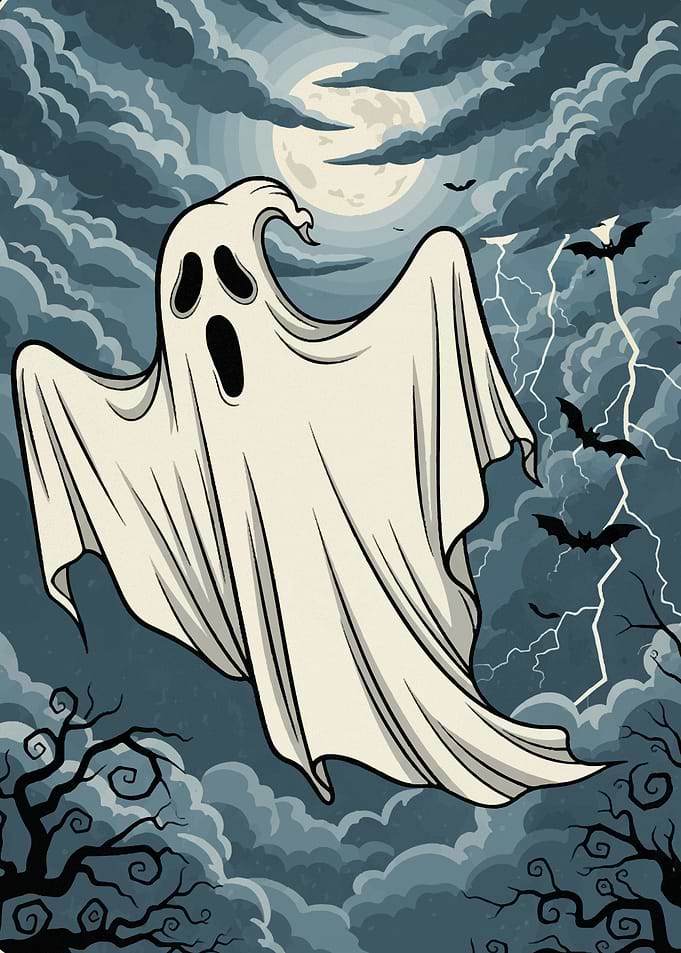 Cartoon Ghost in Stormy Night Scene Halloween2025