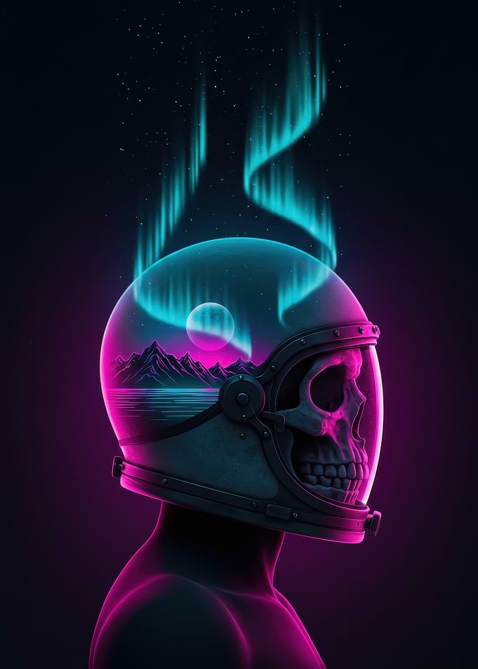 Neon Skull Astronaut Helmet Landscape