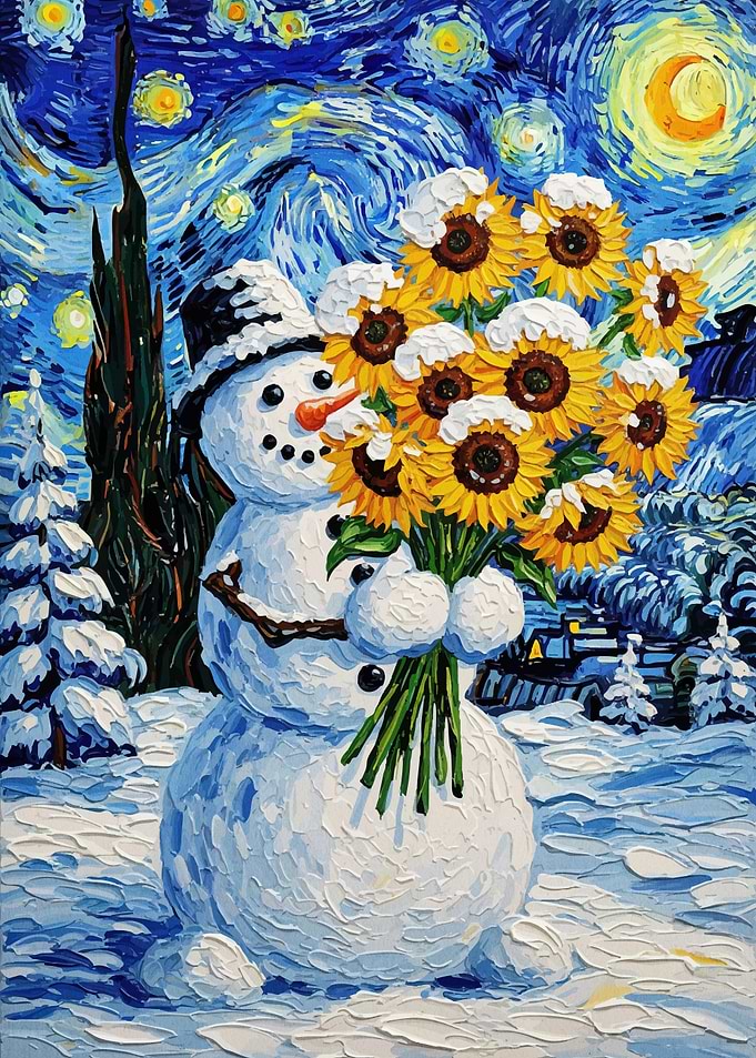 Snowman Sunflowers Starry Night