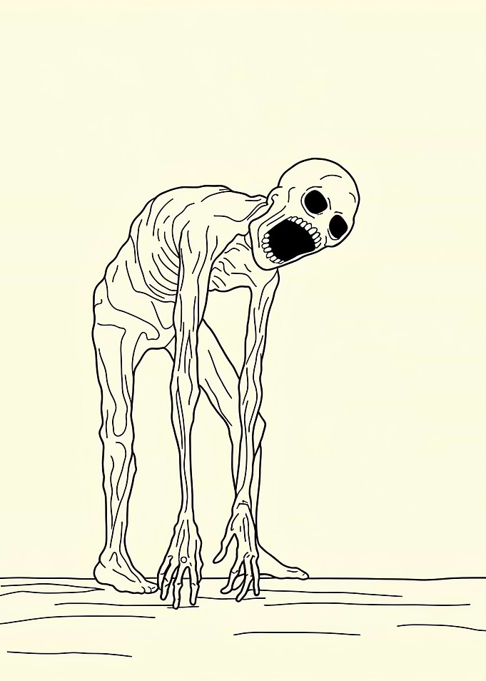 Creepy Thin Figure with Open Mouth Minimalist Line Art