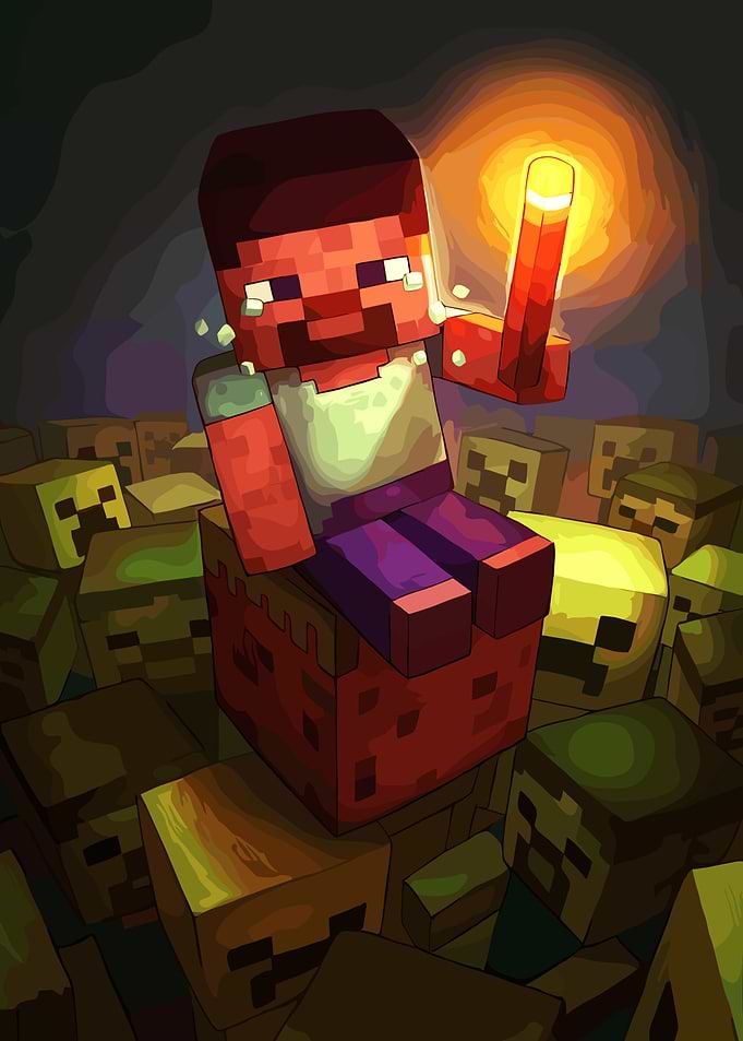 Minecraft Steve with Torch on Zombie Blocks