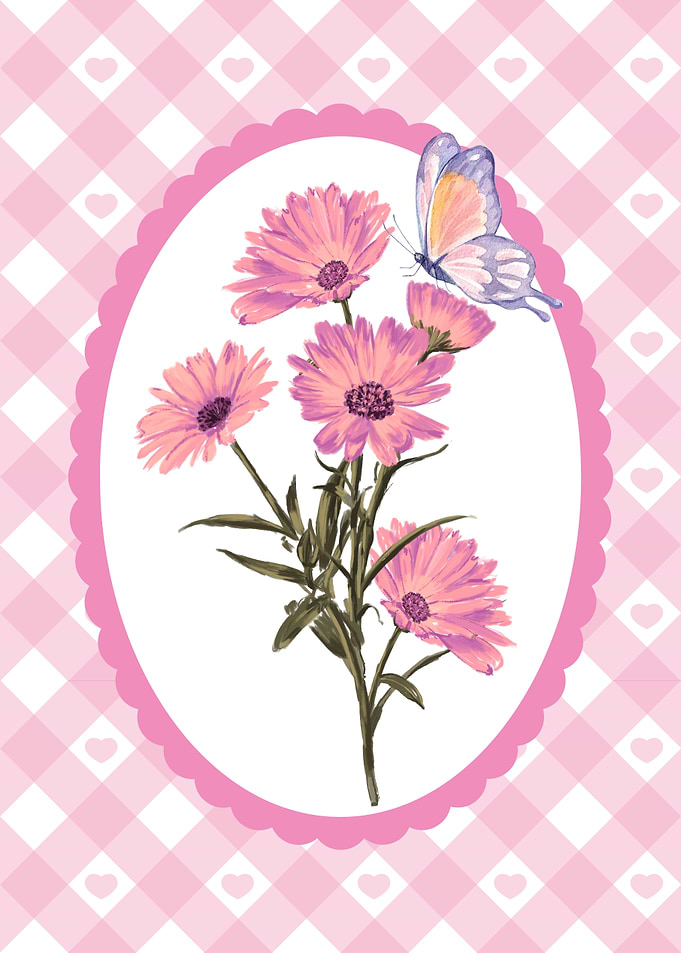 Pink Flowers and Butterfly Illustration