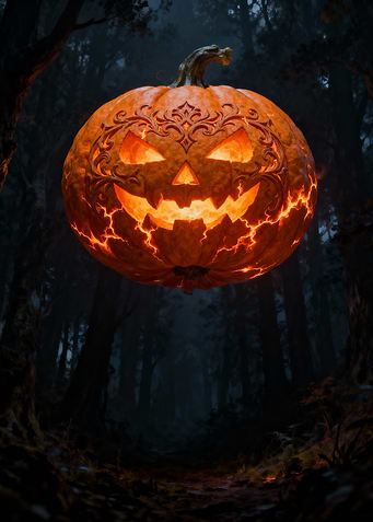 Halloween Pumpkin in Dark Forest
