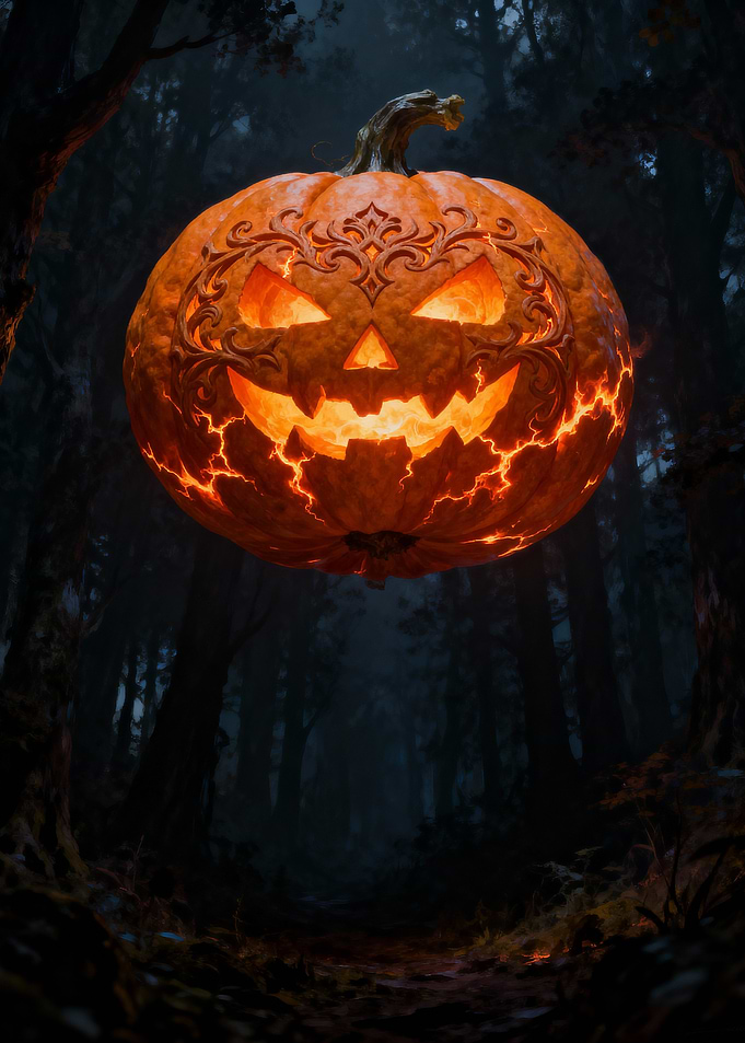 Halloween Pumpkin in Dark Forest