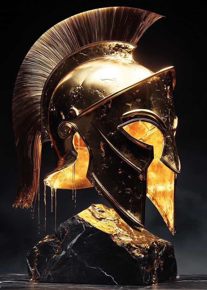 Golden Spartan Helmet on Marble Base