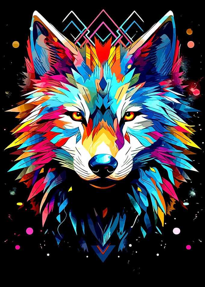 Colorful Wolf Portrait on Black Background